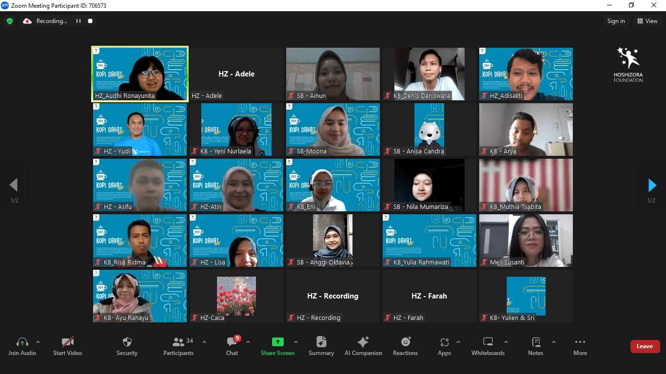 Tangkapan layar (screenshot) Zoom Meeting saat sesi dokumentasi peserta Virtual Kopi Darat Kakak Bintang 2024